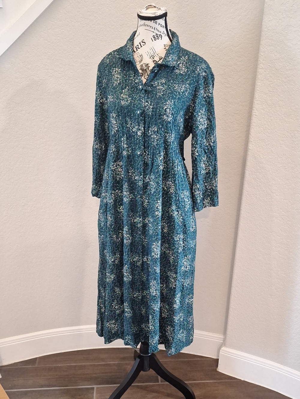 April Cornell Floral Prairie Midi Dress Vintage Dark Green & White Size Medium